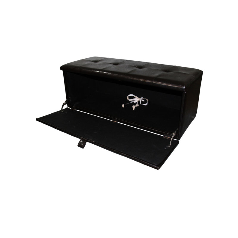 Banc de rangement rembourré en cuir brun de 18,5 po de hauteur, poignée avant à charnière, charnière simple pour plus de stabilité, rangement de 38,5 po de longueur, pieds de 2 po x 3,5 po, banc de 18 po de hauteur avec pieds en L