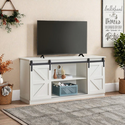 58 inch farmhouse TV stand, suitable for 65 inch TVs, entertainment center with sliding barn doors and adjustable shelves, console table with storage space