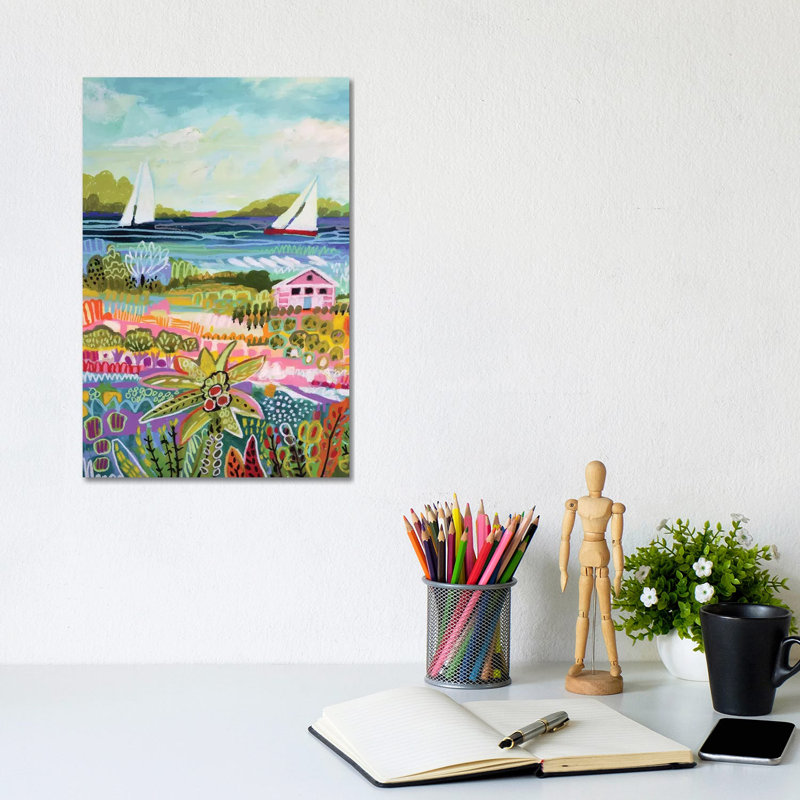 Two Sailboats And Cottage I by Karen Fields - Wrapped Canvas Painting, 20.32 cm H x 30.48 cm W