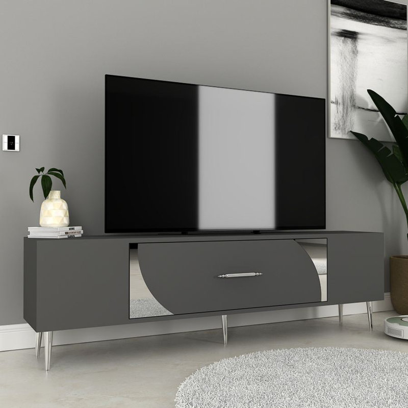 Meuble télé Catena avec option de fixation murale, anthracite et argent, 59,1 po x 19,0 po x 11,6 po | Panneau de particules 100% enduit de mélamine, pieds robustes d'une hauteur de 5,9 pouces | Conception élégante pour le salon et les espaces de divertissement