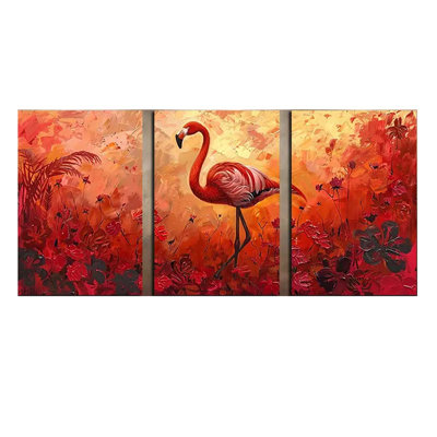 16 x 12 Set, ensemble de 3 toiles murales encadrées pour la décoration de chambre à coucher, peinture à l'huile The Flamingo.