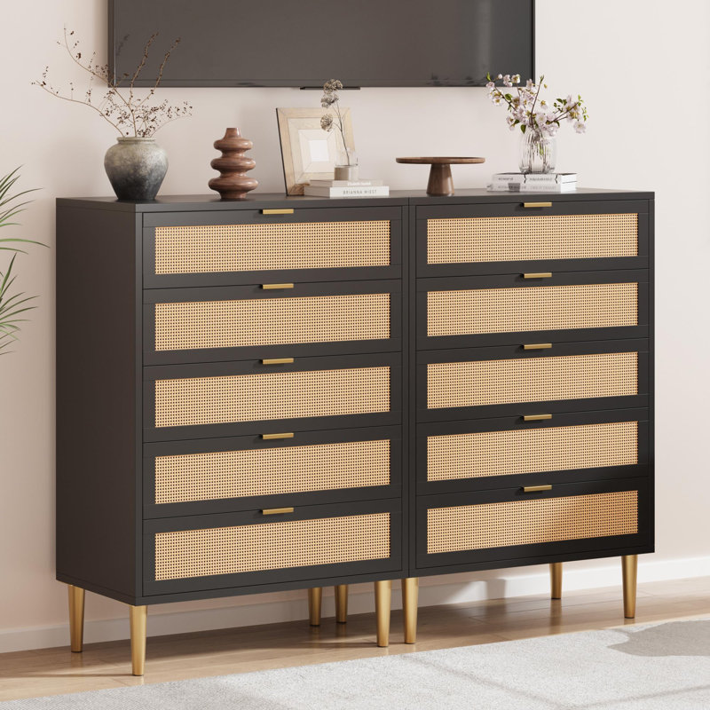 44" Rattan 5 Drawer Dresser, Modern Boho Wide Double Chest with Gold Legs & Handles and Large Tabletop, Black