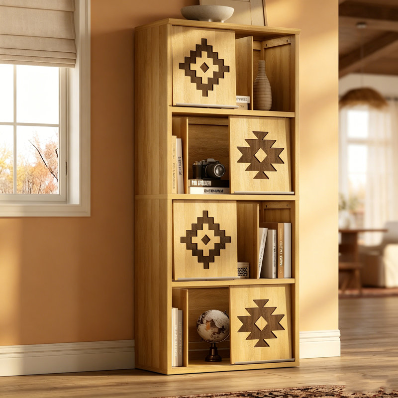 Bibliothèque à 4 niveaux avec serre-livres mobiles et portes coulissantes biseautées, armoire de rangement en bois pour bureau à domicile, salon, chêne naturel