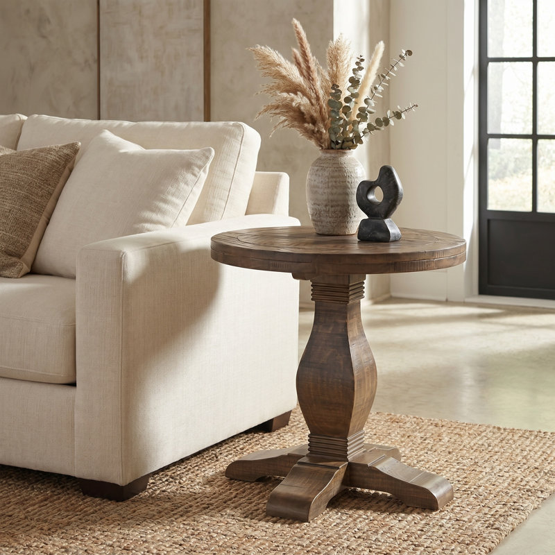 Sarcoline Solid Wood Round Pedestal End Table, Reclaimed Natural