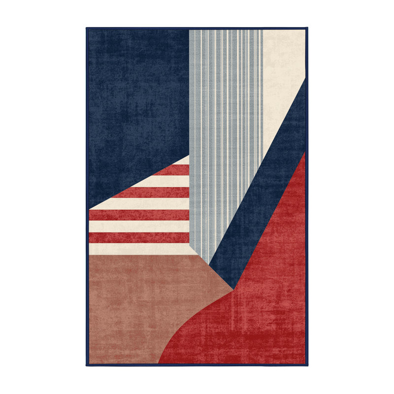 Machine Washable Dyal July 4Th Modern & Contemporary Abstract Rug in Brown – Navy Binding, 2x3