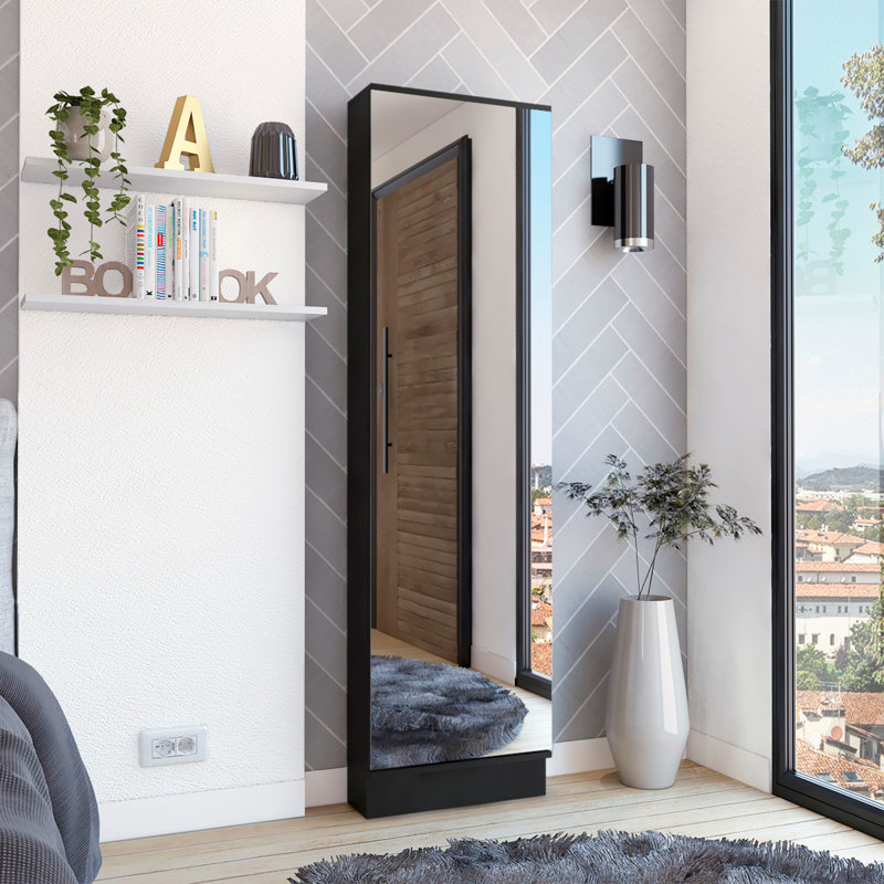 Range-chaussures, miroir, cinq tablettes intérieures, armoire à une porte, Noir