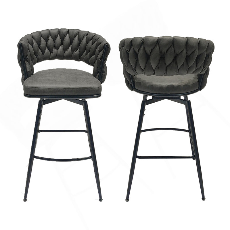 28" Technical Leather Woven Bar Stool Set Of 2,Black Legs Barstools No Adjustable Kitchen Island Chairs,360 Swivel Bar Stools Upholstered Counter Stool Arm Chairs With Back Footrest (Tan)