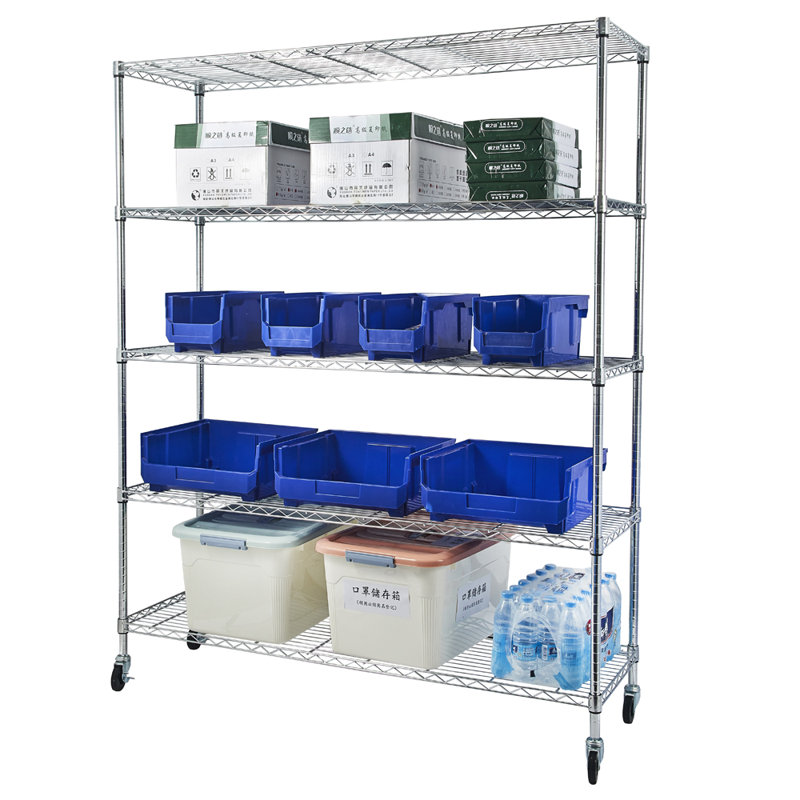 Étagère en fil d'acier à 5 niveaux avec roulettes certifiées NSF, H 70,87 po x l 59,06 po x P 17,72 po, Chrome chrome