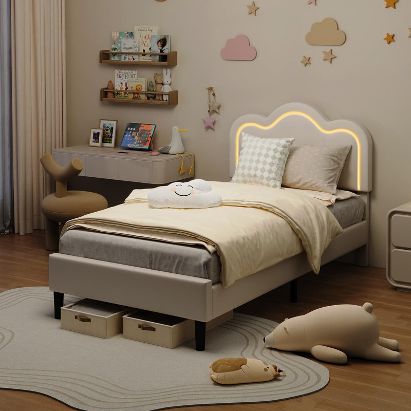 Twin Bed Frame with Drawer, Upholstered Adjustable Headboard & Smart LED, Velvet Princess Platform Bed for Girls/Kids, Pink