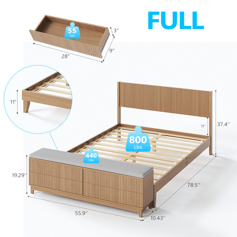 Full Natural Oak Wood Bed Frame With Built-In Footboard Storage Bench,4 Drawers,Headboard,Heavy Duty,No Box Spring Needed,Mid-Century Modern Style