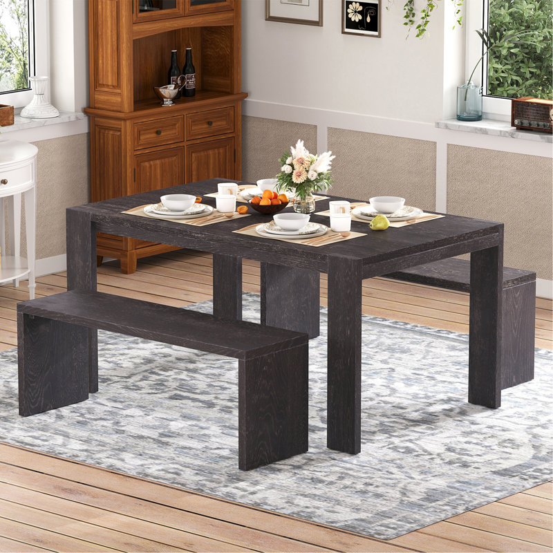 Ensemble de salle à manger 3 pièces de style campagnard simple, table de salle à manger et 2 bancs, pour la salle à manger, la cuisine et le salon