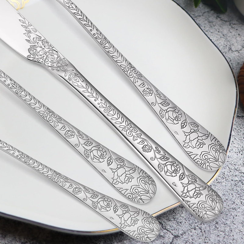 Ensemble de couverts 30 pièces, couverts en acier inoxydable avec motif de roses gravées, ensemble complet de couverts pour la cuisine et le restaurant