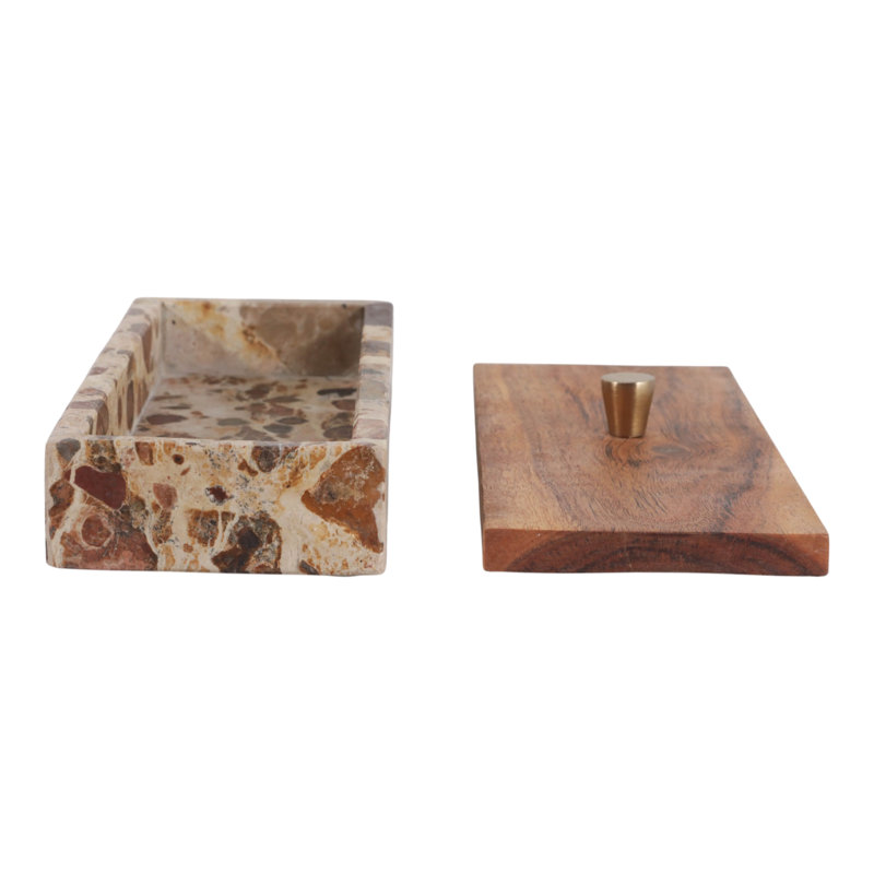 Decorative Wood Lid Rectangular Marble Box with Lid for Office or Home Decor - Refined Organizer Storage Keepsake for Living Room - 10", Gray & Brown