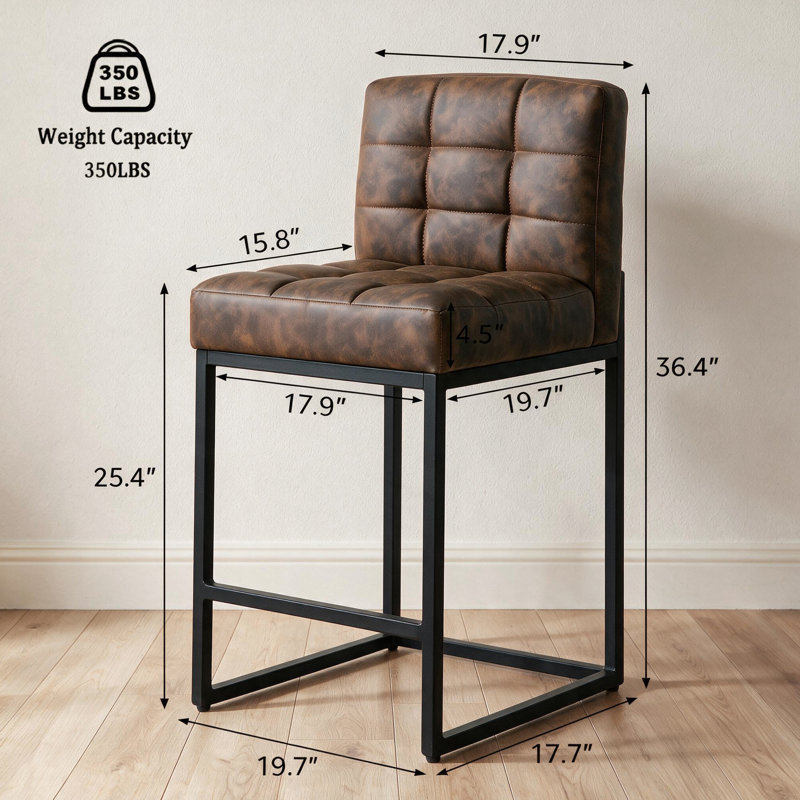 Modern Counter Height Bar Stools, 25 inch Checkered Wiring Thick Upholstered Barstools with Back Sturdy Metal Legs, Coffee Faux Leather Counter Stools for Kitchen Island (Set of 3)
