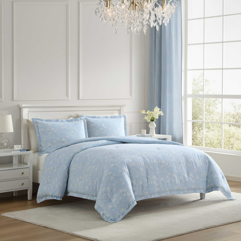 Laura Ashley Magnolia Grove Cotton Reversible Blue Comforter Set, Queen Comforter + 2 Standard Shams