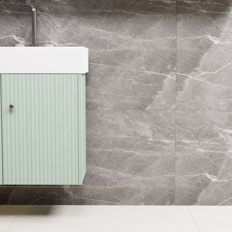 Meuble-lavabo flottant vert moderne de 21,6 po avec lavabo en céramique, rangement à droite, parfait pour les petites salles de bain.