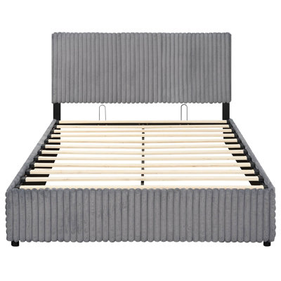 Grand lit escamotable avec rangement hydraulique, support à lattes en bois, gris