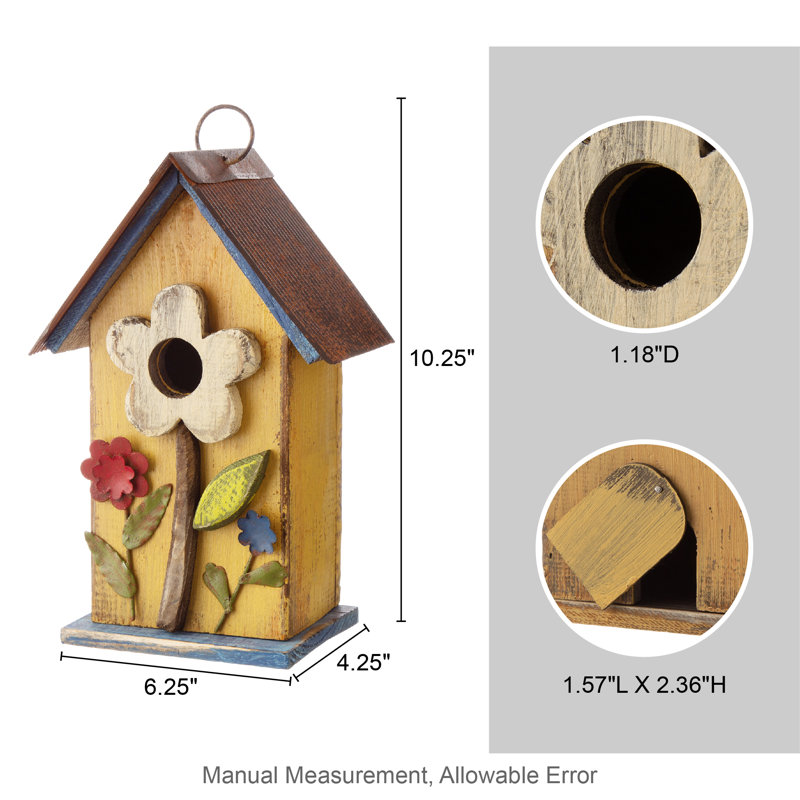 Yellow Distressed Solid Wood Birdhouse with 3D Flowers