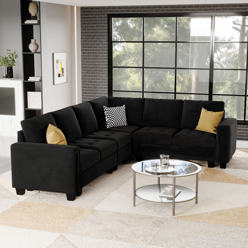 Canapé modulaire en L 5 pièces Shavera, Velours noir