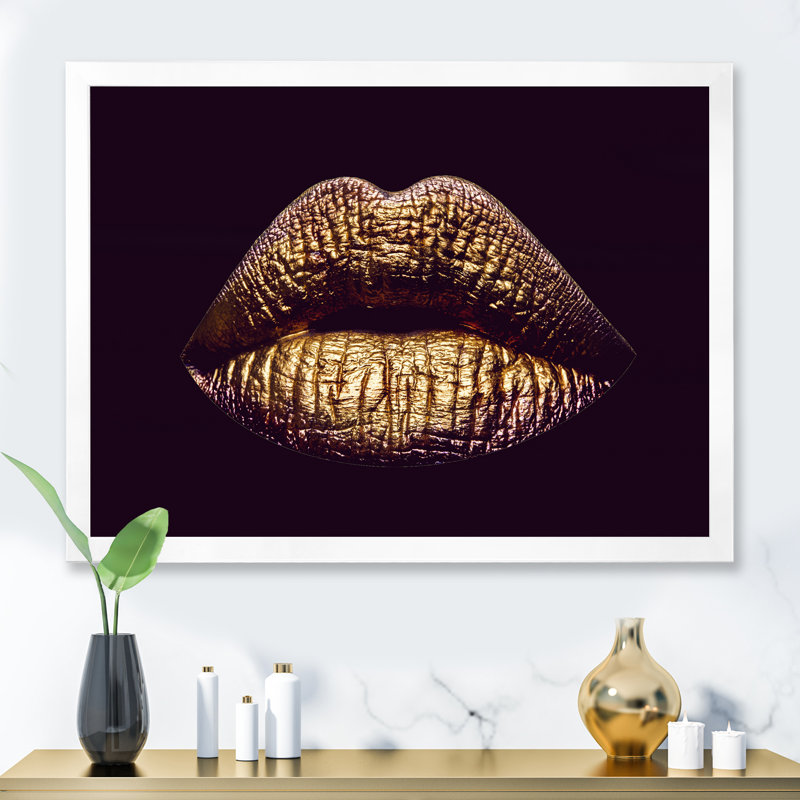 Lèvres féminines sexy dorées II - photographie sur toile, H 12 po x l 20 po x p 1 po, Cadre photo blanc
