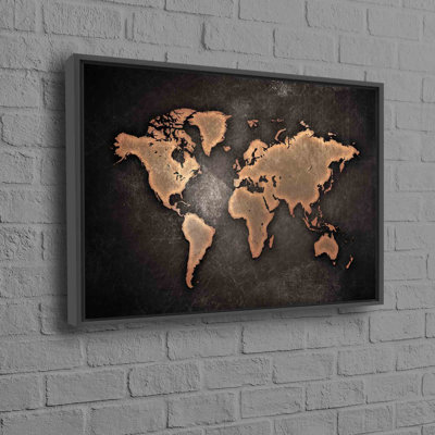 Modern World Map Canvas Wall Art for Classroom or School with Copper Printed Abstract Design