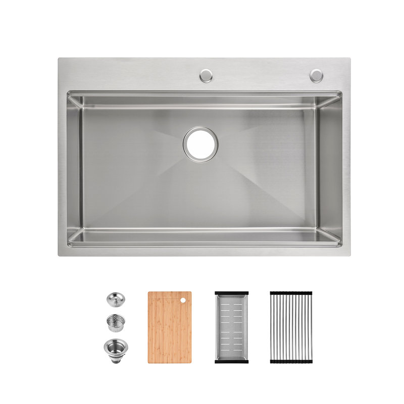 Évier de cuisine en acier inoxydable, lavabo simple sur mesure 33 po x 22 po, brossé, avec planche à découper, passoire, SS-BR01D-332208