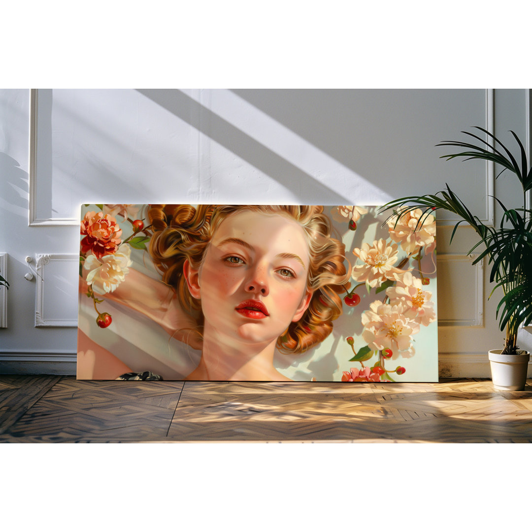 Wandbild 120x60cm Porträt einer jungen Frau Blumen Blüten Sonnenschein Sommer