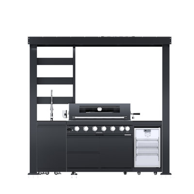 94-Inch 6-Burner 85000 BTU Deluxe Stainless Steel Gas Outdoor Kitchen Bar Barbecue Island Grill  + Wine Cooler Compact Refrigerator + Rotisserie + Granite Countertops + Storage Cabinets & Drawers
