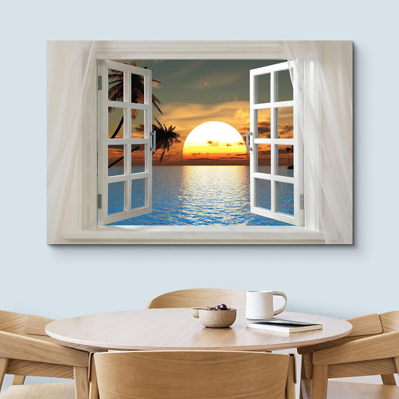 «Glimpse Into Palm Trees And Sunset At Sunset Time Open Window» sur toile, H 24 po x l 36 po