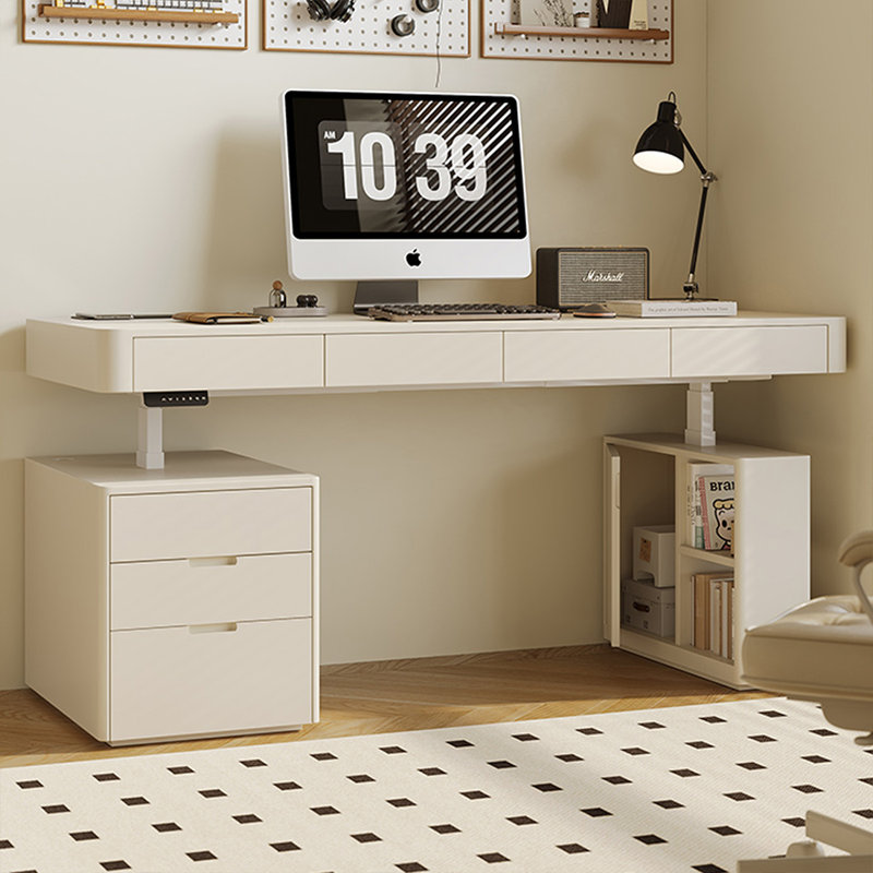 Bureau rectangulaire en bois manufacturé blanc + acier avec 4 tiroirs, H 54,33 po x l 70,87 po x P 27,56 po, Retour à gauche