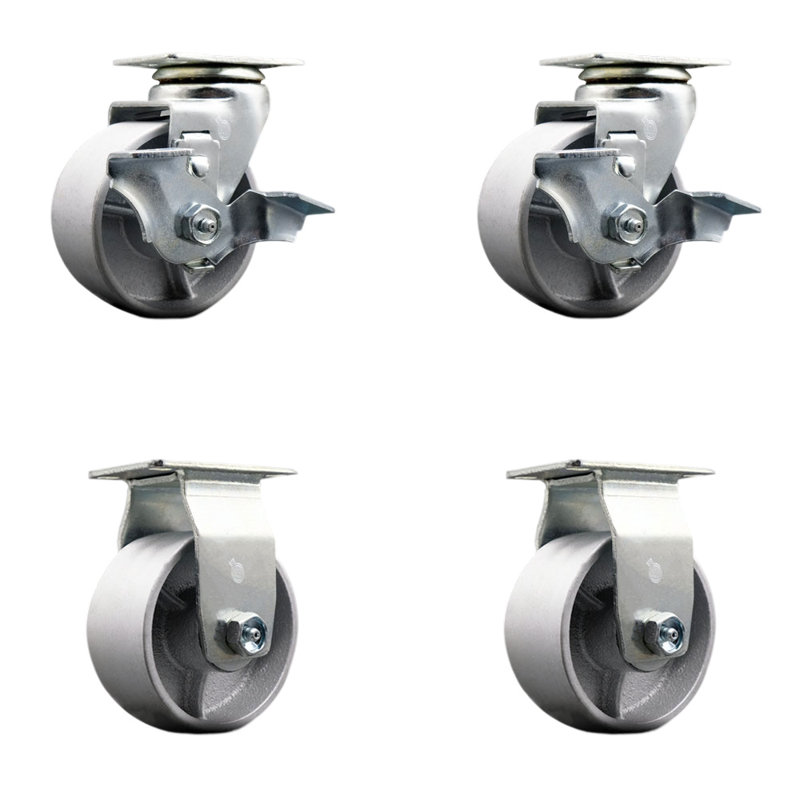 4 Inch Semi Steel Cast Iron Caster Set with Roller Bearings 2 Brakes 2 Rigid