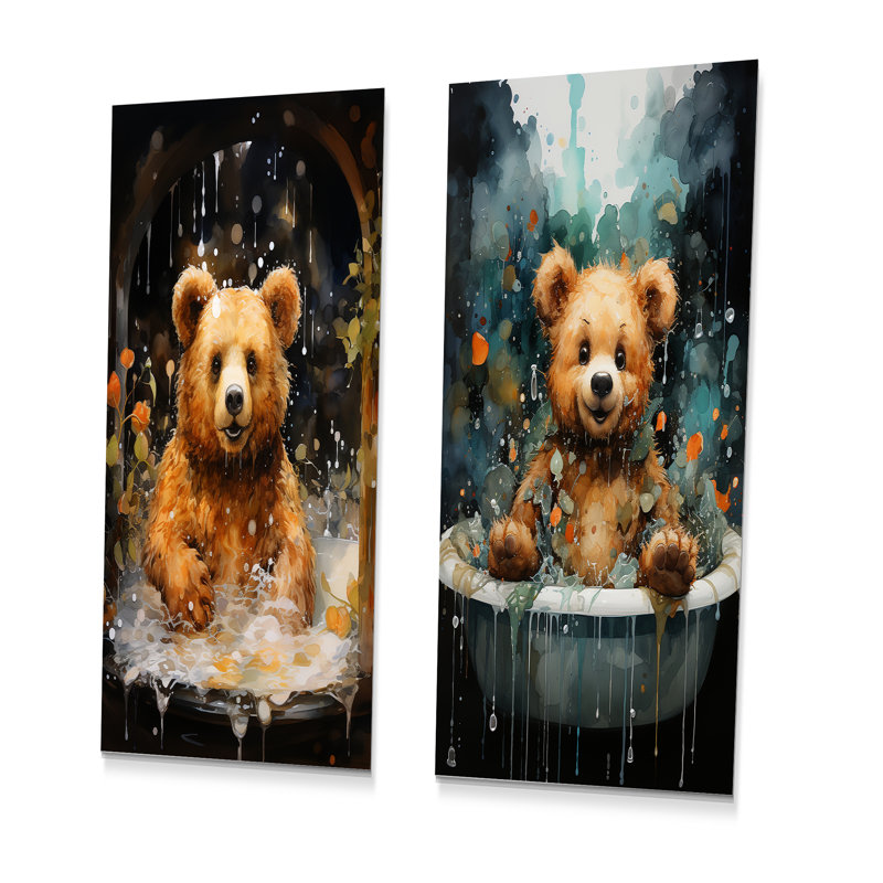 «Bathroom Bear Bubble Fiesta» - Ensemble de 2 impressions de salle de bain en métal, H 28 po x l 24 po