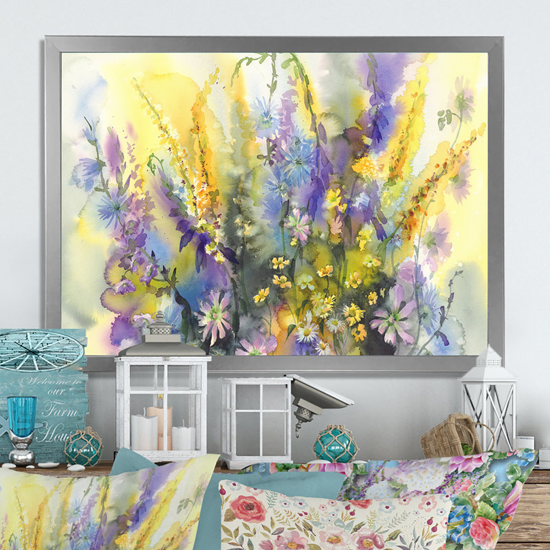 Fleurs d'été jaunes et mauves - reproduction sur toile, H 30 po x l 40 po x P 1,5 po, Cadre photo argenté