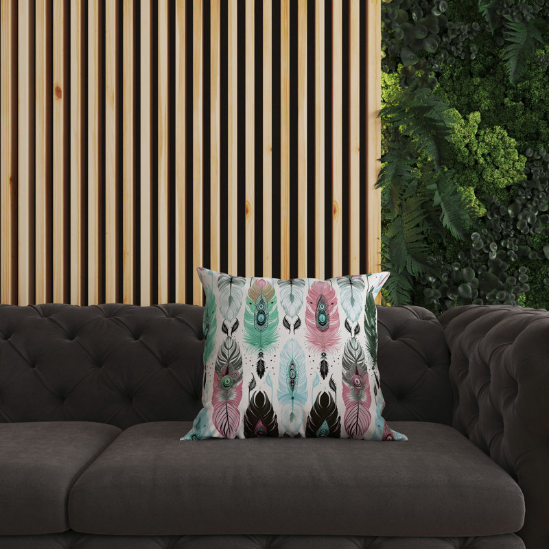 Vibrant Feather Design Green and Pink Square Throw Pillow
