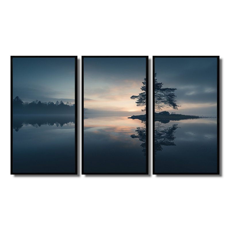 «Blue Morning Fog Over Forest Lake», ensemble d'art mural lac, Cadre flottant noir, H 40 po x l 60 po x P 1 po