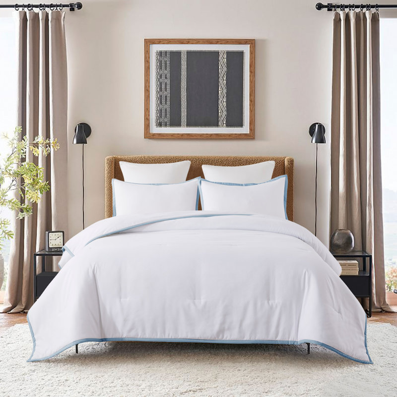 Box Stitch Comforter Set, Twin Comforter + 1 Standard Sham, Blue Fog/White