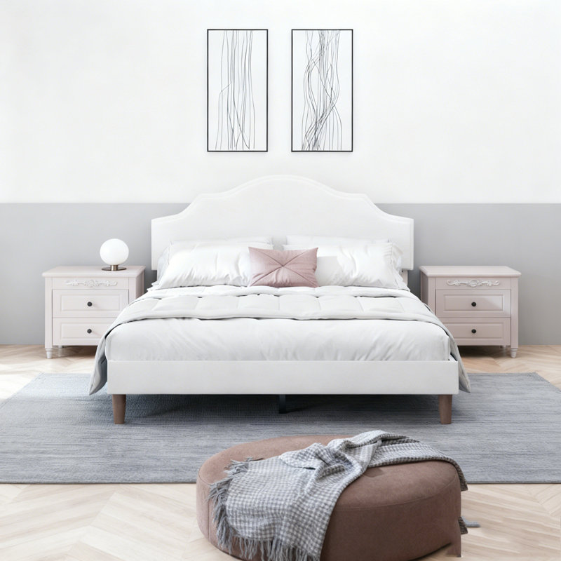 Lit plateforme tapissier avec tête de lit réglable, rembourrage en tissu de lin, Blanc, Grand lit
