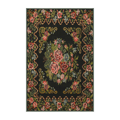 Tapis floral noir / vert / rouge