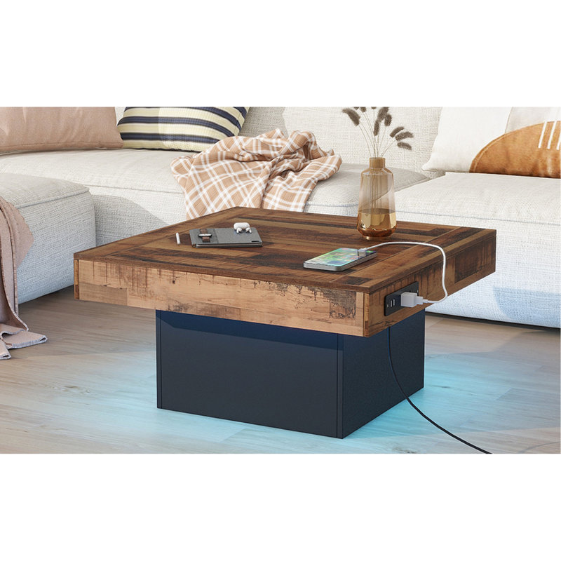 Coffee Table with Charging Station and LED Light, Black