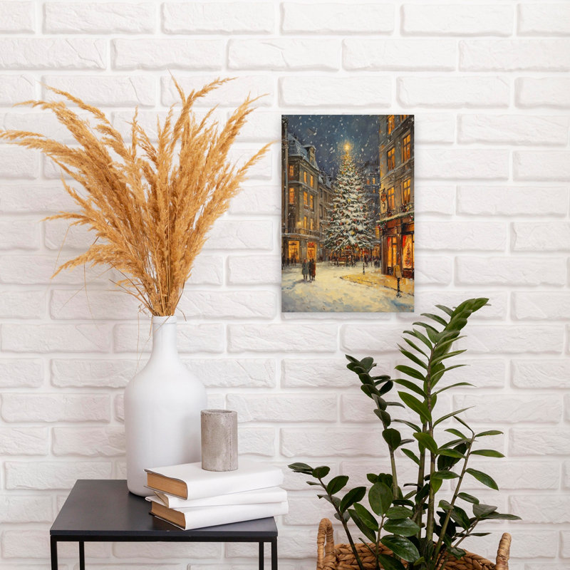 Snowy Christmas Street Classic Traditional Abstract Christmas Tree City Wall Art Print 1 Piece Wrapped Canvas Wall Art