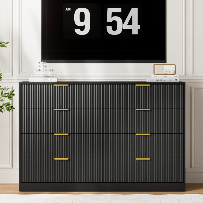 Fluted Dresser For Bedroom With 8 Drawers, 55" Wide Black Modern Chest Of Drawers With Metal Handle, Black