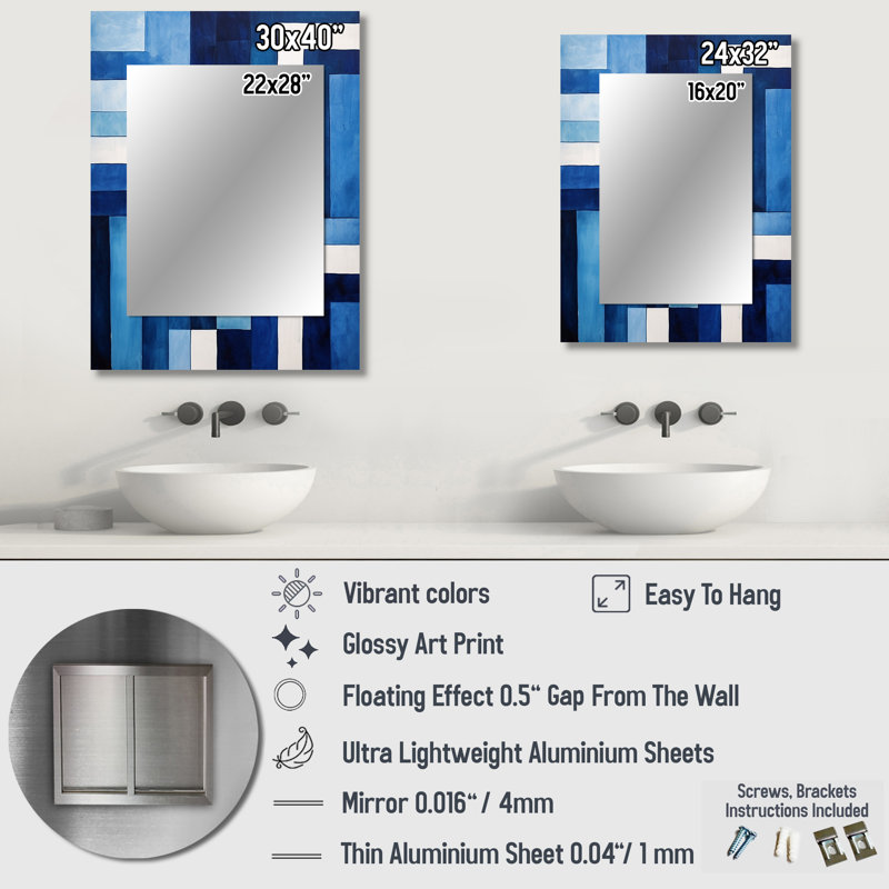 Bleu blanc saphir symétrie - miroir de formes abstraites, miroir mural bleu unique, impression d'art en métal, 40 po x 30 po