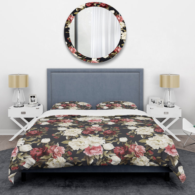 Ensemble de housse de couette à motif floral rose et blanc, Housse de couette pour grand lit et 2 taies décor