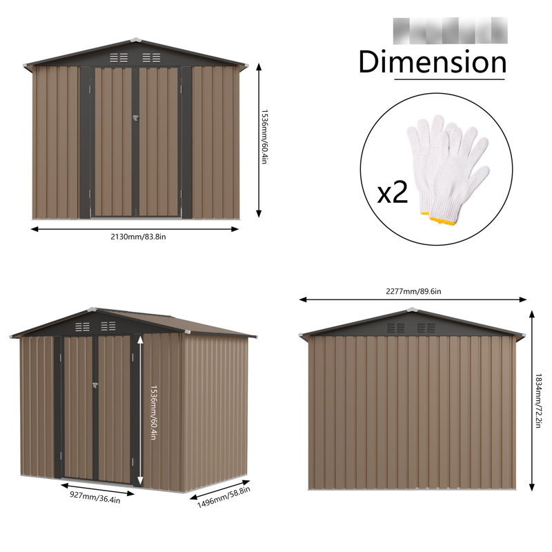 8Ft X 6Ft Metal Garden Shed With Apex Roof For Outdoor Storage, Galvanized, , , Storage Various Tools, Easy Assembly Routine