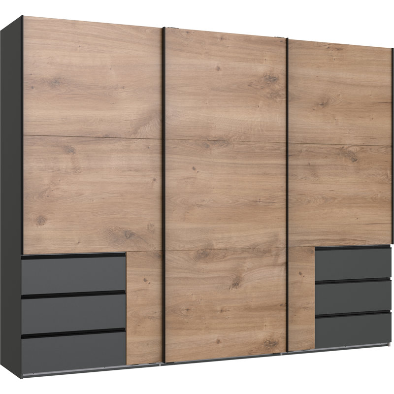 Guardino 3 Door Wardrobe, 236cm H x 300cm W x 65cm D, Graphite/Plank Oak