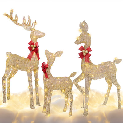 3-Piece Light Up 3D Gold Reindeer Family Outdoor Christmas Decorations Set with 210 LED Lights