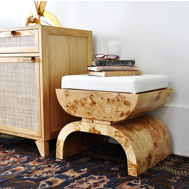 Biggs Upholstered Vanity Stool, Burl Wood