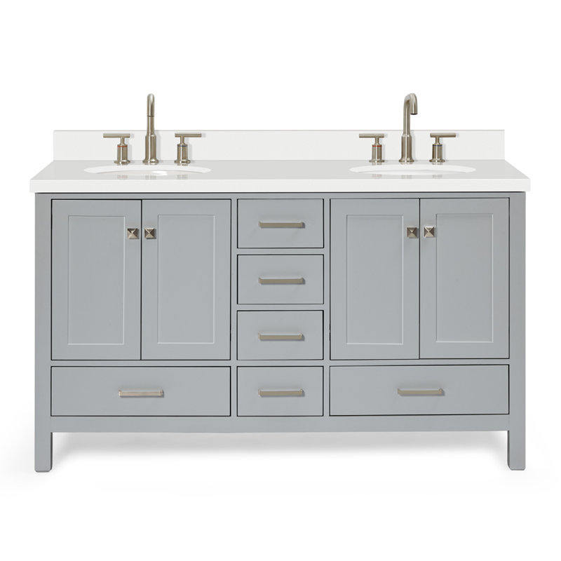 Cambridge Vanity In White With Quartz Vanity Top In White With Basin, Gray / Brushed Nickel