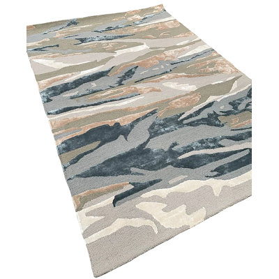 Tapis beige / bleu abstrait touffeté à la main rectangulaire 5 pi 3 po x 7 pi 6 po