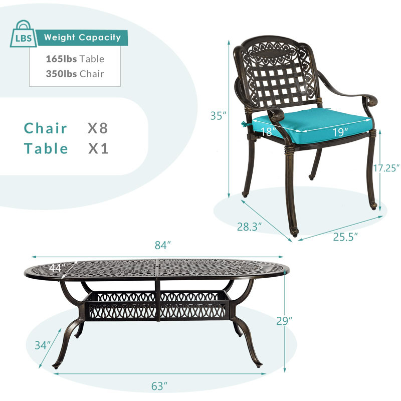Oval 8 - Person 83.8" Long Dining Set with Cushions, Blue, 9 Pieces: Table, 8 Chairs
